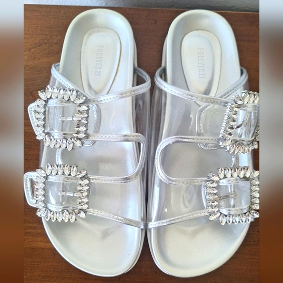 Forever 21 Transparent Crystal Rhinestones Double Strap Women's Slippers Size 6 - Picture 1 of 7